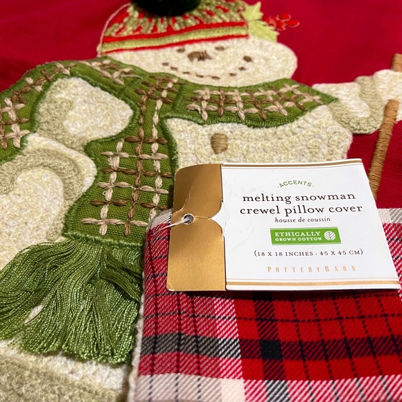 New Pottery Barn Christmas Melting Snowman Crewel Embroidered Pillow Cover, 18” - Picture 2 of 13